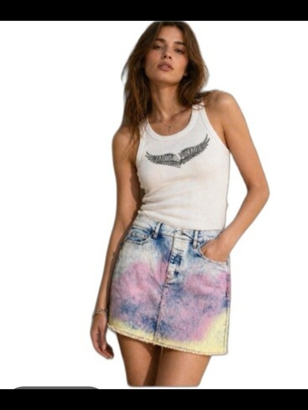 Zadic & Voltaire Women’s Juicy Tie And Dye Denim Mini Skirt Frayed Hem 34